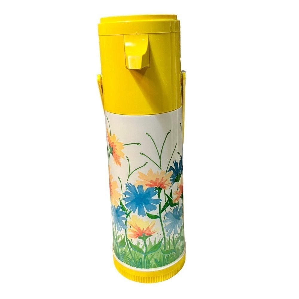 Vintage Aladdin’s Pump-A-Drink Thermos Floral Print Yellow/Blue